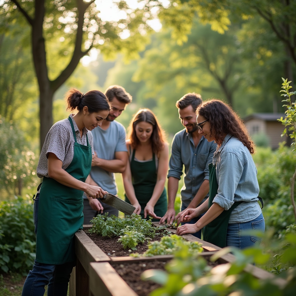 Kursleiter erklärt Gruppe im Garten